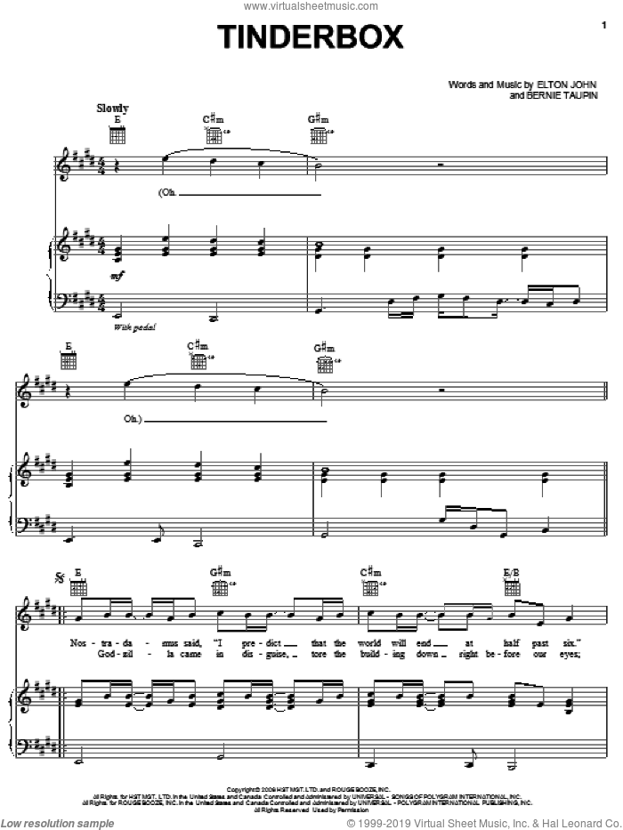 Tinderbox sheet music for voice, piano or guitar by Elton John and Bernie Taupin, intermediate skill level