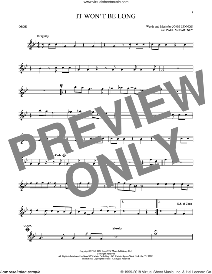 It Won't Be Long sheet music for oboe solo by The Beatles, John Lennon and Paul McCartney, intermediate skill level