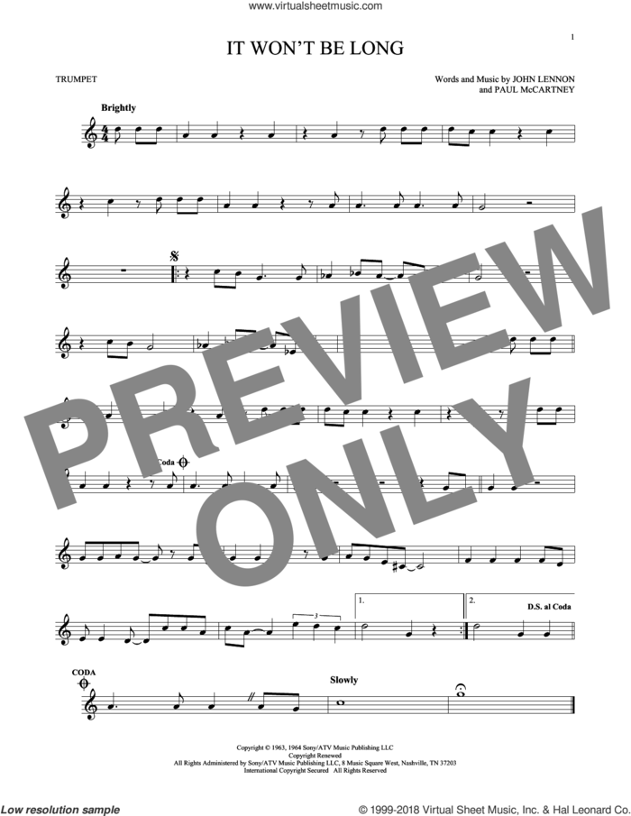 It Won't Be Long sheet music for trumpet solo by The Beatles, John Lennon and Paul McCartney, intermediate skill level