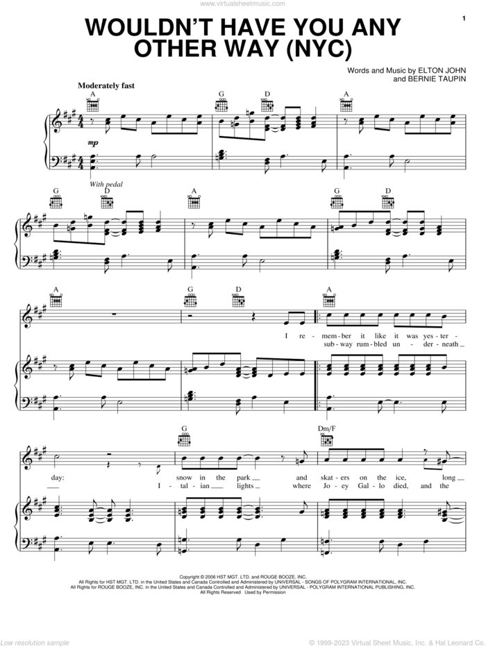 Wouldn't Have You Any Other Way (NYC) sheet music for voice, piano or guitar by Elton John and Bernie Taupin, intermediate skill level