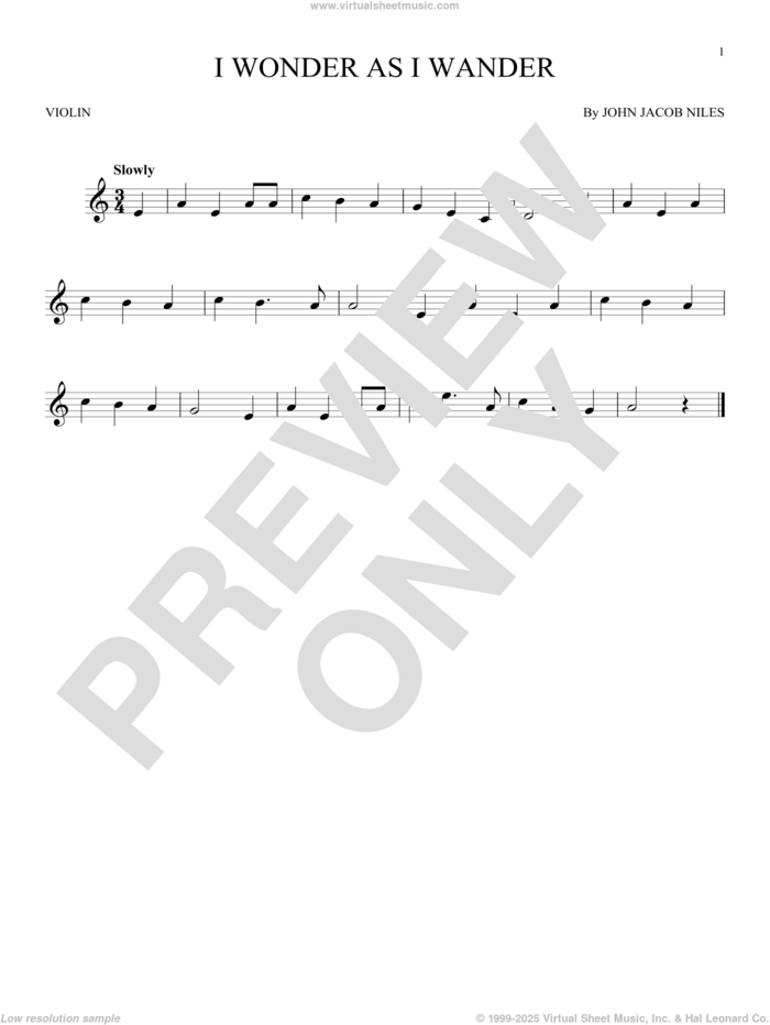 I Wonder As I Wander sheet music for violin solo by John Jacob Niles, intermediate skill level