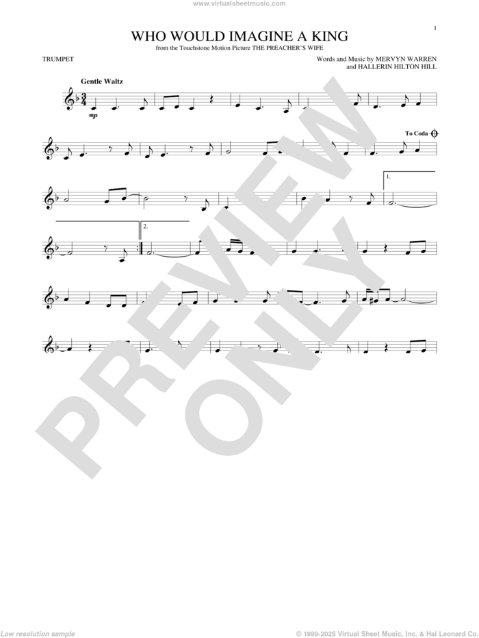 Who Would Imagine A King sheet music for trumpet solo by Whitney Houston, Hallerin Hilton Hill and Mervyn Warren, intermediate skill level