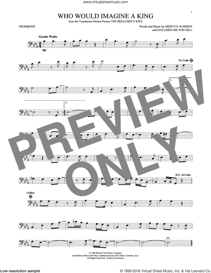 Who Would Imagine A King sheet music for trombone solo by Whitney Houston, Hallerin Hilton Hill and Mervyn Warren, intermediate skill level