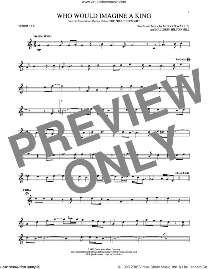 Who Would Imagine A King sheet music for tenor saxophone solo by Whitney Houston, Hallerin Hilton Hill and Mervyn Warren, intermediate skill level