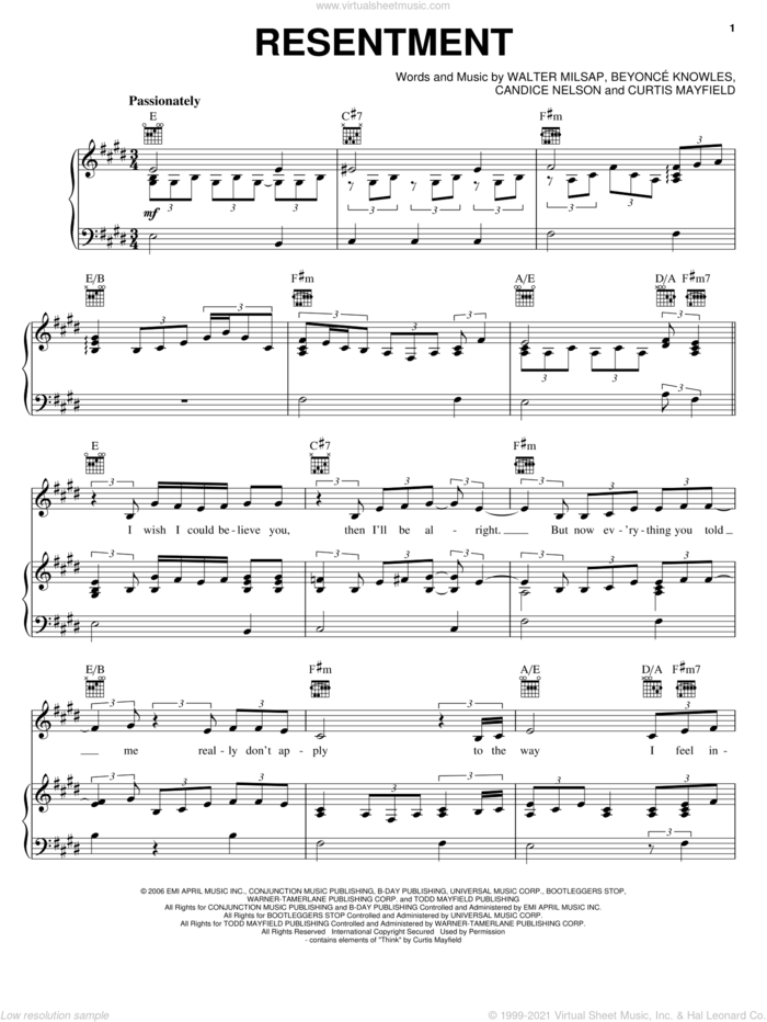 Resentment sheet music for voice, piano or guitar by Beyonce, Candice Nelson, Curtis Mayfield and Walter Milsap, intermediate skill level