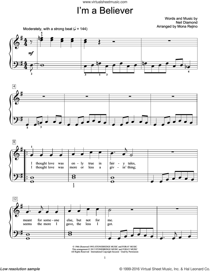 I'm A Believer sheet music for piano solo (elementary) by Neil Diamond, Smash Mouth and The Monkees, beginner piano (elementary)