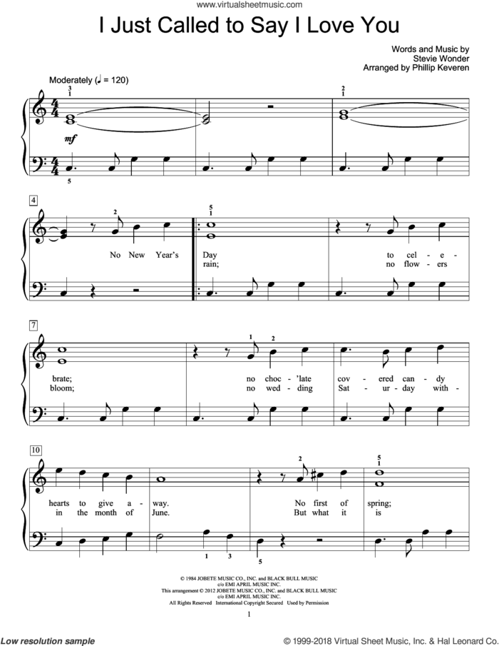 I Just Called To Say I Love You sheet music for piano solo (elementary) by Stevie Wonder, beginner piano (elementary)