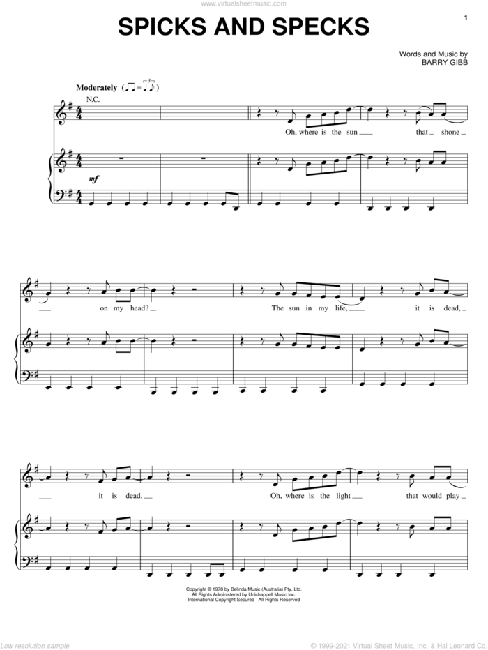Spicks And Specks sheet music for voice, piano or guitar by Bee Gees and Barry Gibb, intermediate skill level