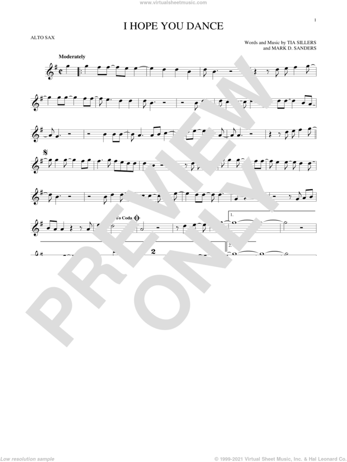 I Hope You Dance sheet music for alto saxophone solo by Lee Ann Womack with Sons of the Desert, Mark D. Sanders and Tia Sillers, intermediate skill level
