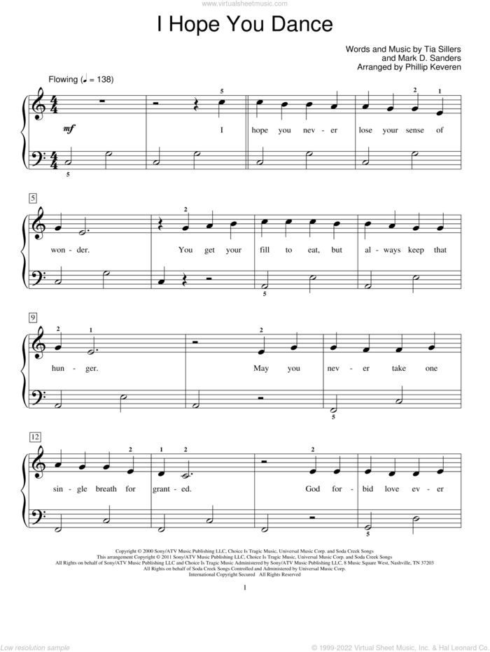 I Hope You Dance sheet music for piano solo (elementary) by Lee Ann Womack with Sons of the Desert, Mark D. Sanders and Tia Sillers, beginner piano (elementary)