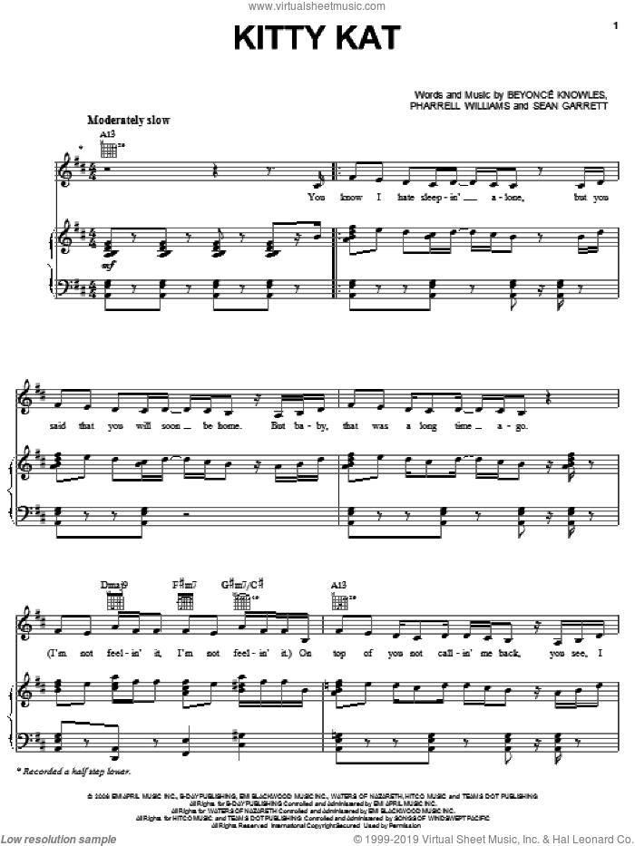 Kitty Kat sheet music for voice, piano or guitar by Beyonce, Pharrell Williams and Sean Garrett, intermediate skill level