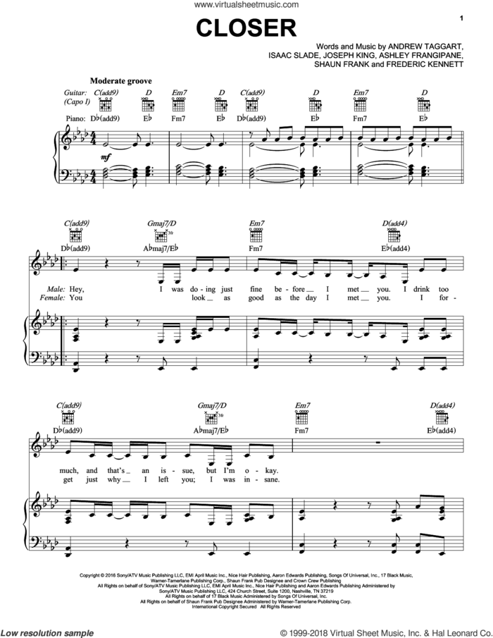 Closer sheet music for voice, piano or guitar by The Chainsmokers featuring Halsey, Andrew Taggart, Ashley Frangipane, Frederic Kennett and Shaun Frank, intermediate skill level