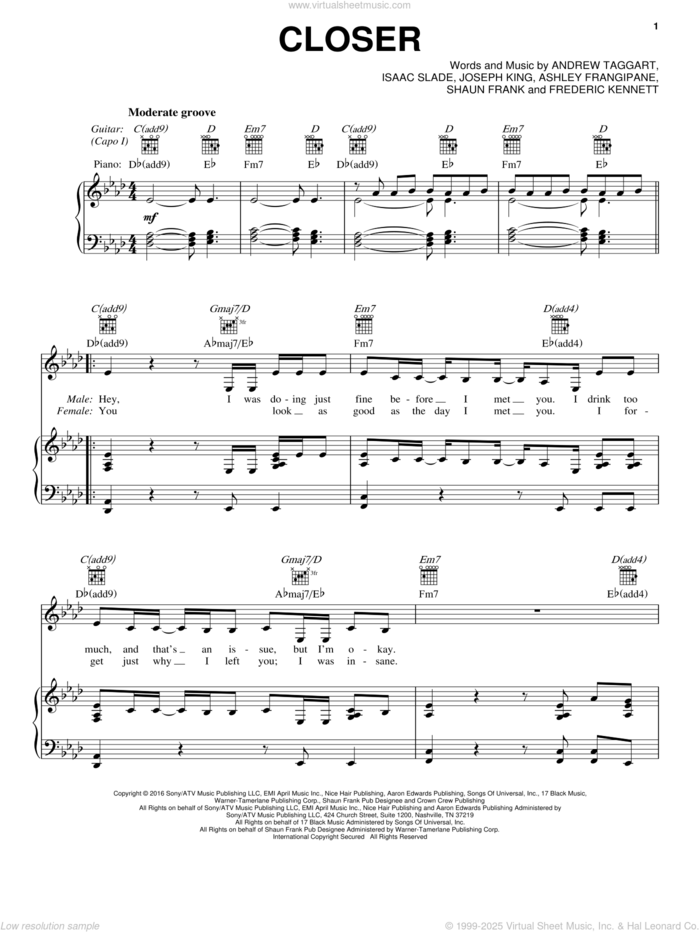 Closer sheet music for voice, piano or guitar by The Chainsmokers featuring Halsey, Andrew Taggart, Ashley Frangipane, Frederic Kennett and Shaun Frank, intermediate skill level