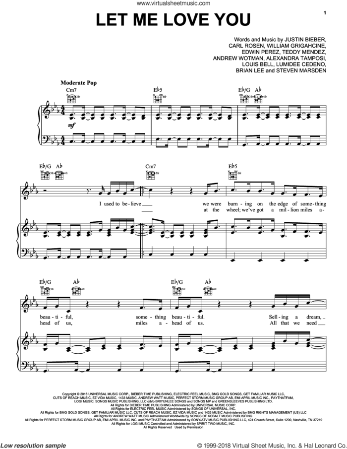 Let Me Love You sheet music for voice, piano or guitar by DJ Snake featuring Justin Bieber, Ali Tamposi, Andrew Wotman, Brian Lee, Carl Rosen, Justin Bieber, Louis Bell and William Grigahcine, intermediate skill level