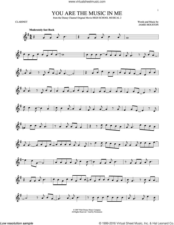 You Are The Music In Me (from High School Musical 2) sheet music for clarinet solo by Zac Efron and Vanessa Anne Hudgens and Jamie Houston, intermediate skill level