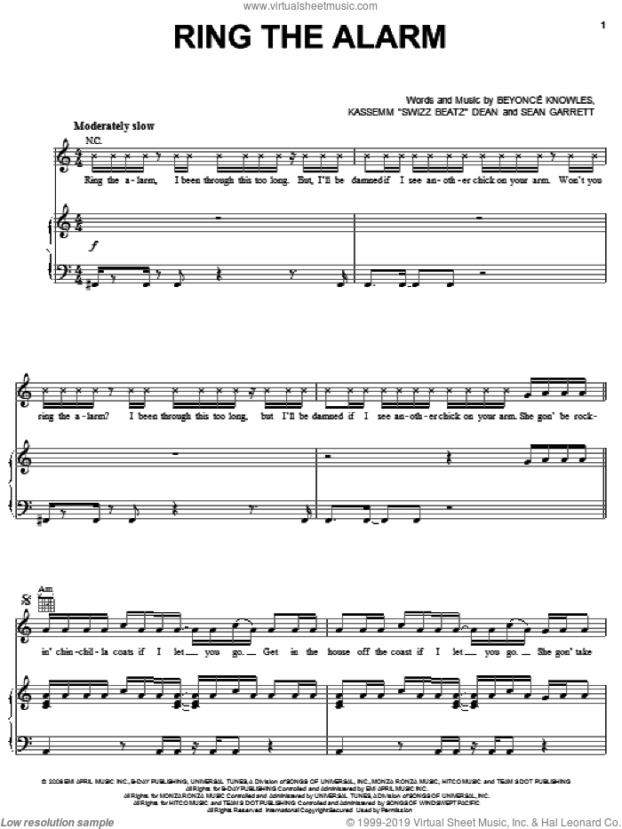 Ring The Alarm sheet music for voice, piano or guitar by Beyonce, Kasseem 'Swizz Beatz' Dean and Sean Garrett, intermediate skill level
