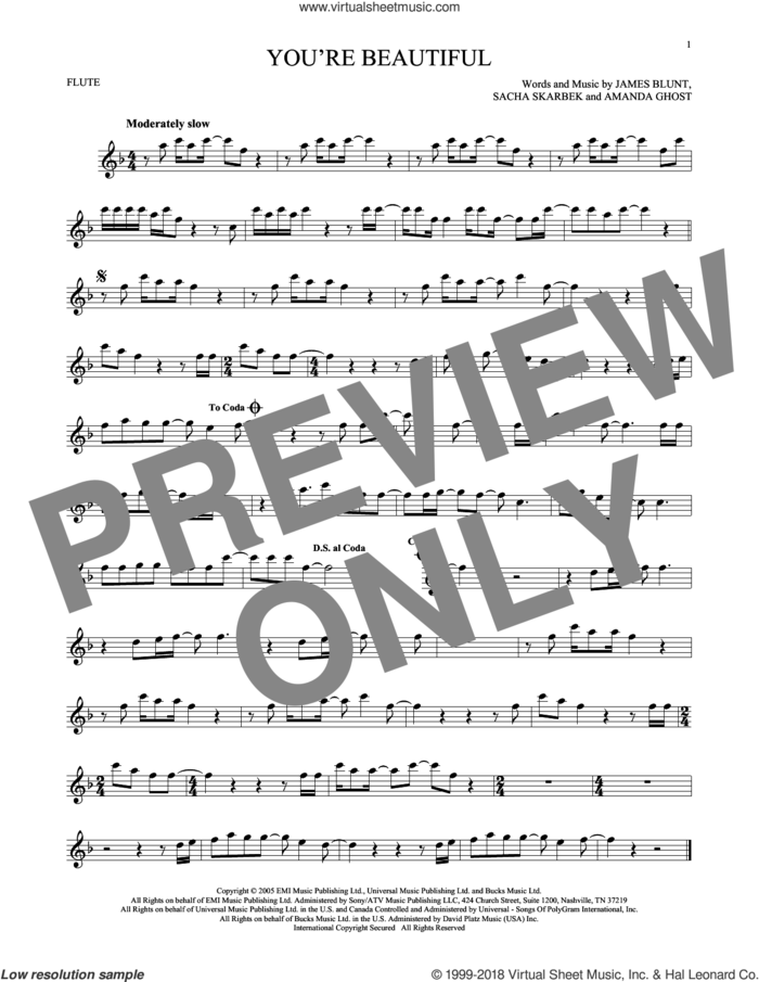 You're Beautiful sheet music for flute solo by James Blunt, Amanda Ghost and Sacha Skarbek, intermediate skill level