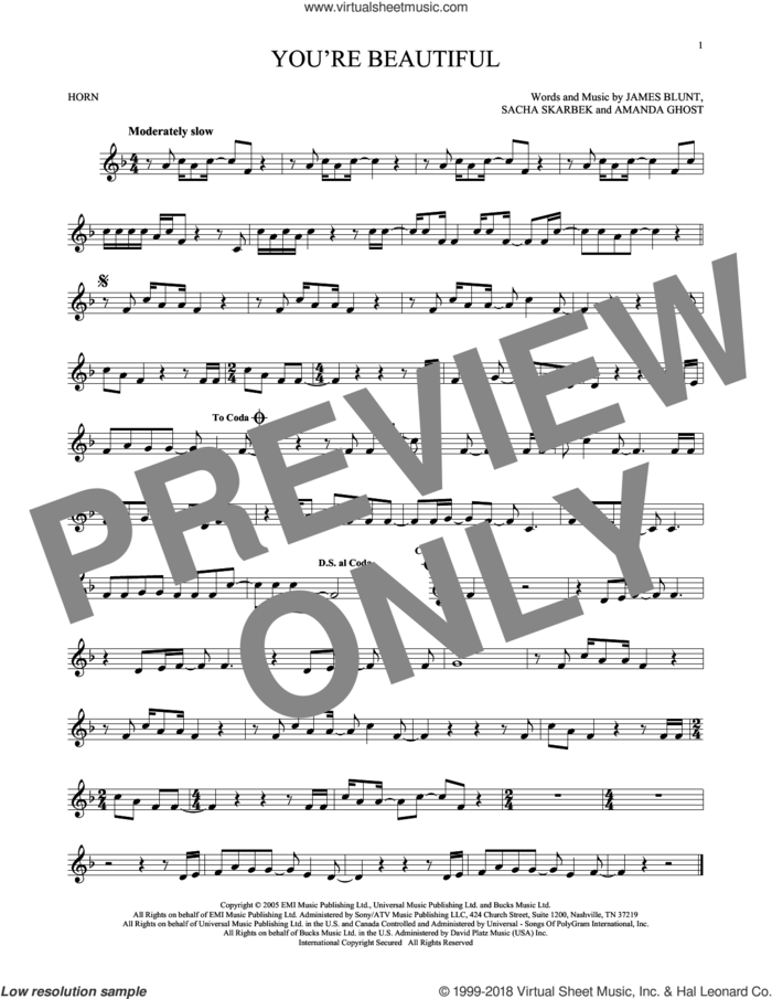 You're Beautiful sheet music for horn solo by James Blunt, Amanda Ghost and Sacha Skarbek, intermediate skill level