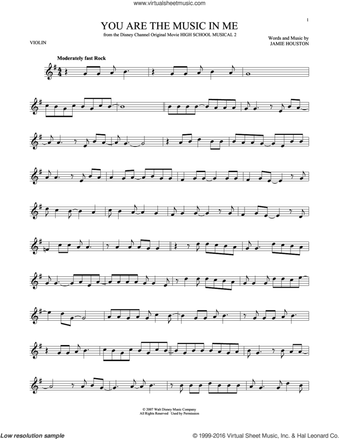 You Are The Music In Me (from High School Musical 2) sheet music for violin solo by Zac Efron and Vanessa Anne Hudgens and Jamie Houston, intermediate skill level