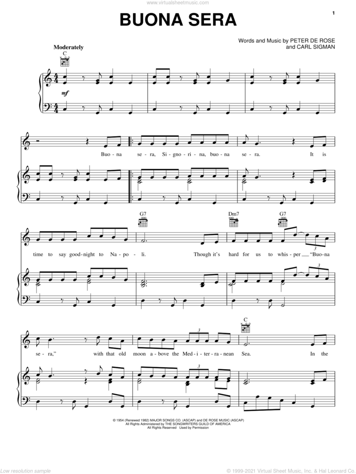 Buona Sera sheet music for voice, piano or guitar by Louis Prima, Carl Sigman and Peter DeRose, intermediate skill level