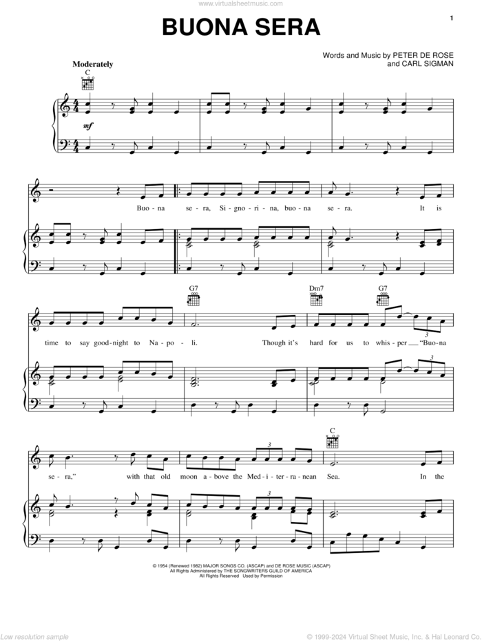 Buona Sera sheet music for voice, piano or guitar by Louis Prima, Carl Sigman and Peter DeRose, intermediate skill level