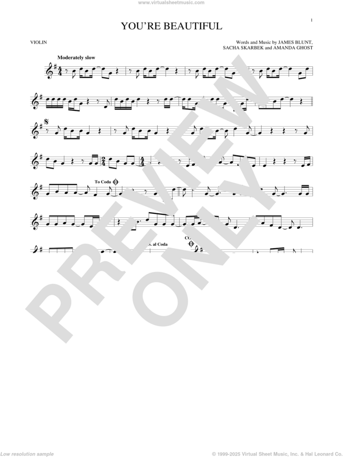 You're Beautiful sheet music for violin solo by James Blunt, Amanda Ghost and Sacha Skarbek, intermediate skill level