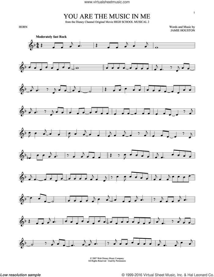 You Are The Music In Me (from High School Musical 2) sheet music for horn solo by Zac Efron and Vanessa Anne Hudgens and Jamie Houston, intermediate skill level