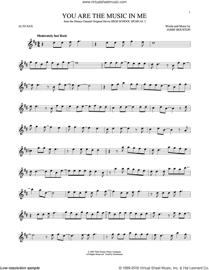 You Are The Music In Me (from High School Musical 2) sheet music for alto saxophone solo by Zac Efron and Vanessa Anne Hudgens and Jamie Houston, intermediate skill level