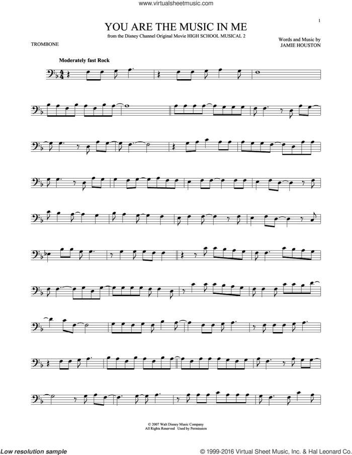 You Are The Music In Me (from High School Musical 2) sheet music for trombone solo by Zac Efron and Vanessa Anne Hudgens and Jamie Houston, intermediate skill level