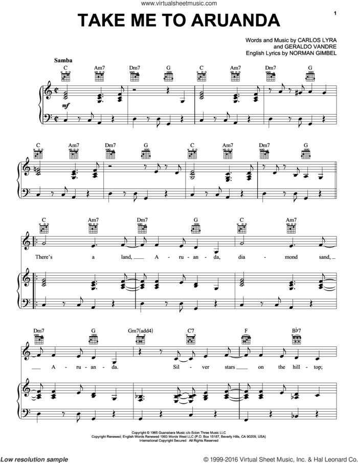 Take Me To Aruanda sheet music for voice, piano or guitar by Astrud Gilberto, Carlos Lyra, Geraldo Vandre and Norman Gimbel, intermediate skill level