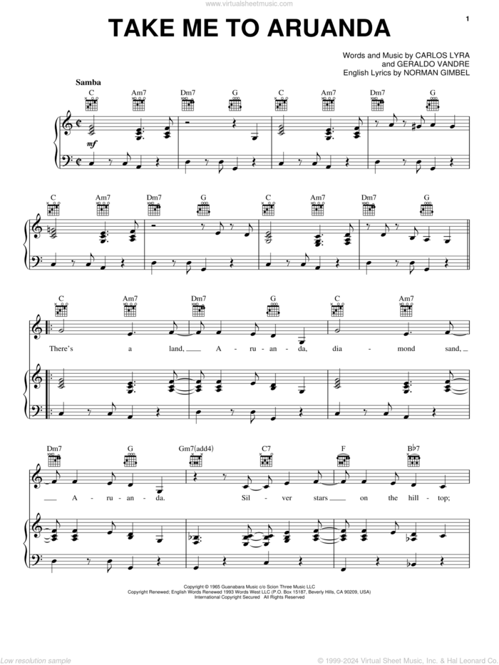 Take Me To Aruanda sheet music for voice, piano or guitar by Astrud Gilberto, Carlos Lyra, Geraldo Vandre and Norman Gimbel, intermediate skill level