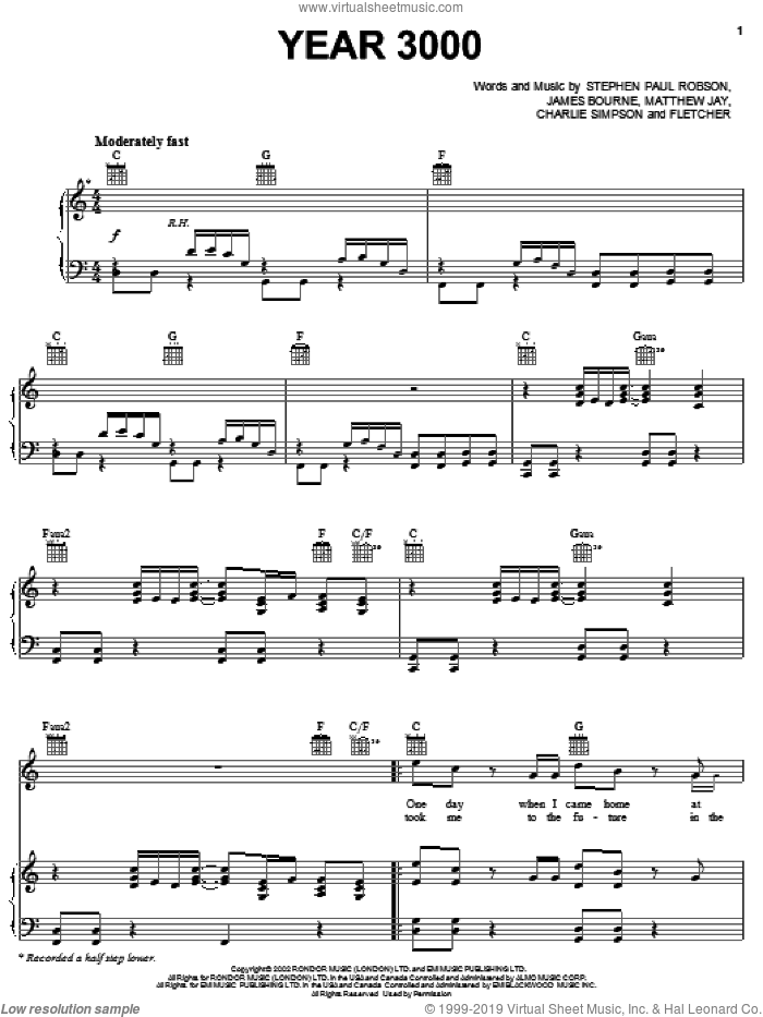 Year 3000 sheet music for voice, piano or guitar by Jonas Brothers, Busted, Charlie Simpson, Fletcher, James Bourne, Matthew Jay and Steve Robson, intermediate skill level
