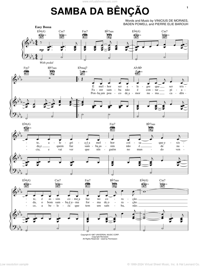 Samba da Bencao sheet music for voice, piano or guitar by Bebel Gilberto, Baden Powell, Pierre Elie Barouh and Vinicius de Moraes, intermediate skill level