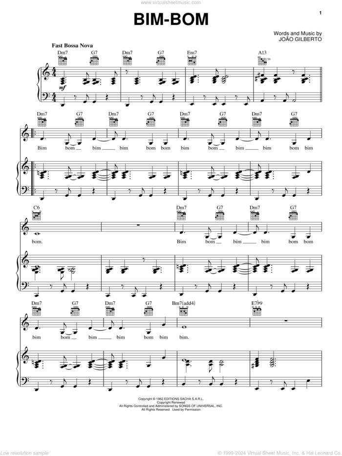 Bim-Bom sheet music for voice, piano or guitar by Joao Gilberto, intermediate skill level