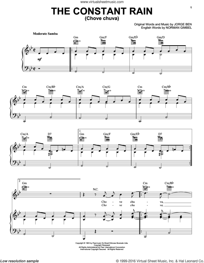 The Constant Rain (Chove Chuva) sheet music for voice, piano or guitar by Norman Gimbel and Jorge Ben, intermediate skill level