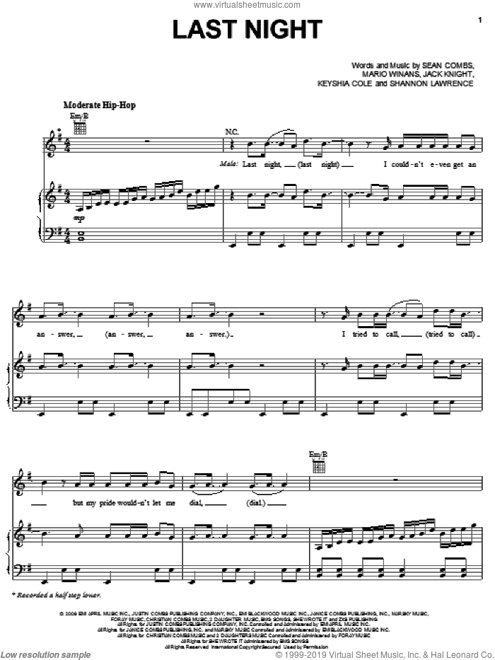 Last Night sheet music for voice, piano or guitar by Diddy featuring Keyshia Cole, Diddy, Keyshia Cole, Jack Knight, Mario Winans, Sean Combs and Shannon Lawrence, intermediate skill level