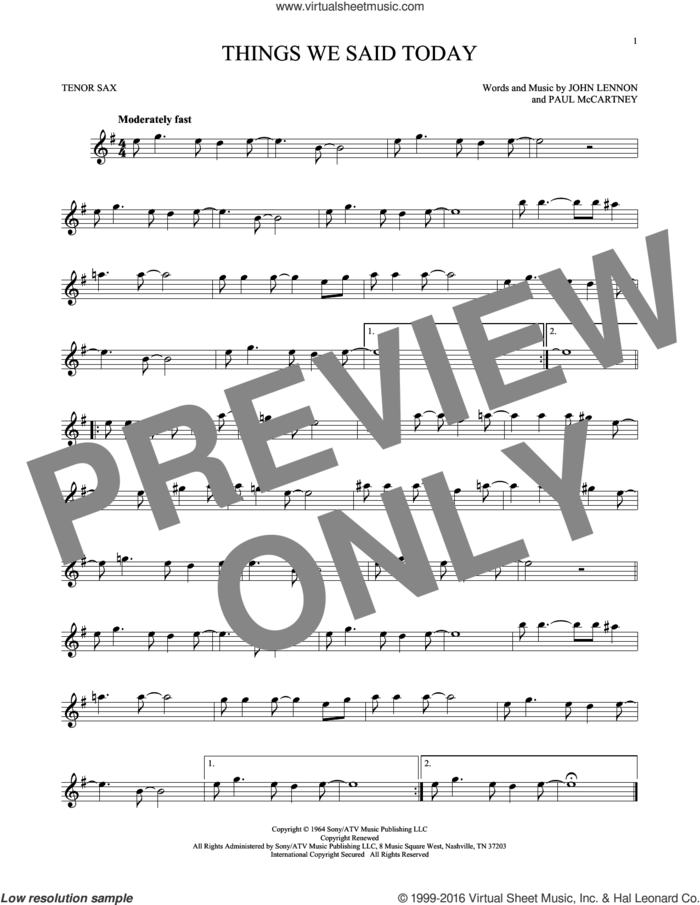 Things We Said Today sheet music for tenor saxophone solo by The Beatles, John Lennon and Paul McCartney, intermediate skill level