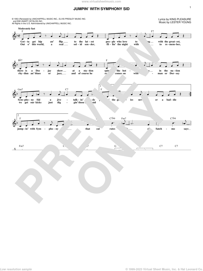 Jumpin' With Symphony Sid sheet music for voice and other instruments (fake book) by Lester Young and Buddy Feyne, intermediate skill level
