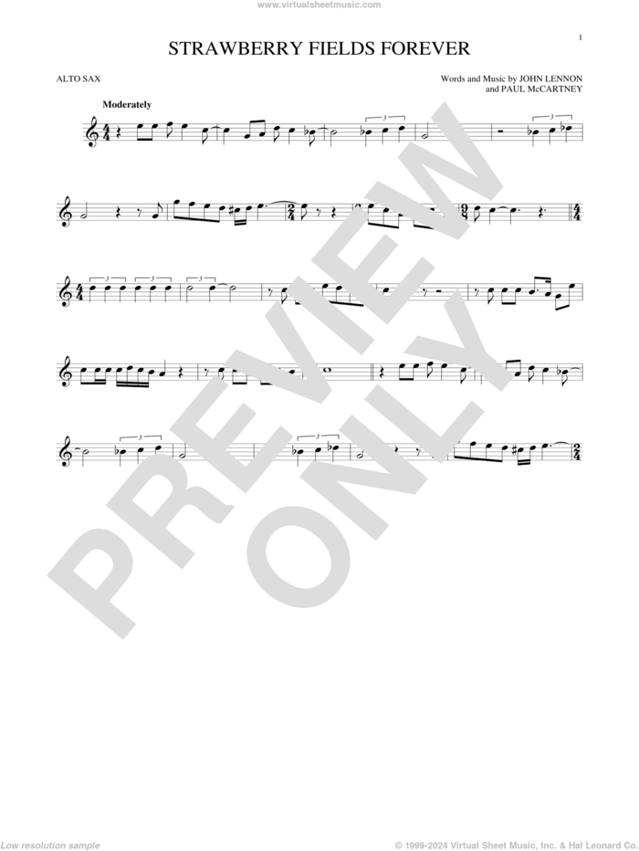 Strawberry Fields Forever sheet music for alto saxophone solo by The Beatles, John Lennon and Paul McCartney, intermediate skill level