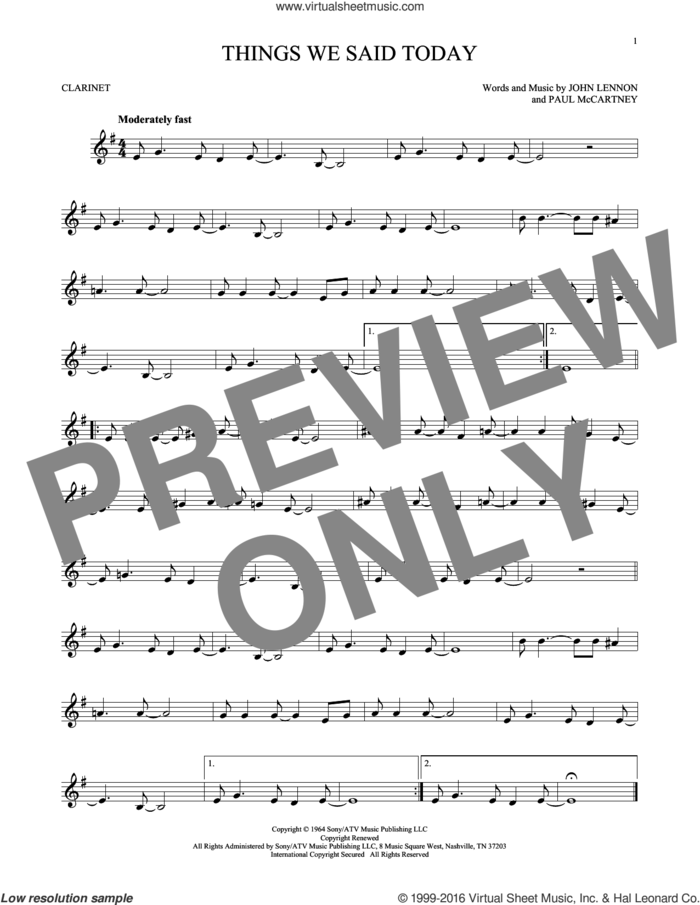 Things We Said Today sheet music for clarinet solo by The Beatles, John Lennon and Paul McCartney, intermediate skill level