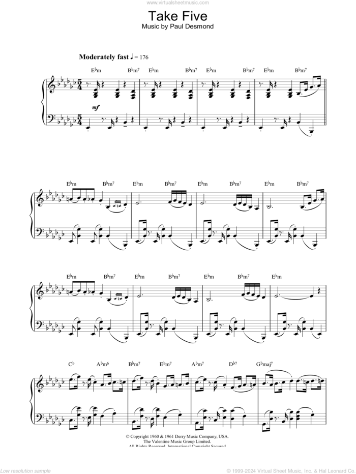 Take Five sheet music for piano solo by Dave Brubeck and Paul Desmond, intermediate skill level