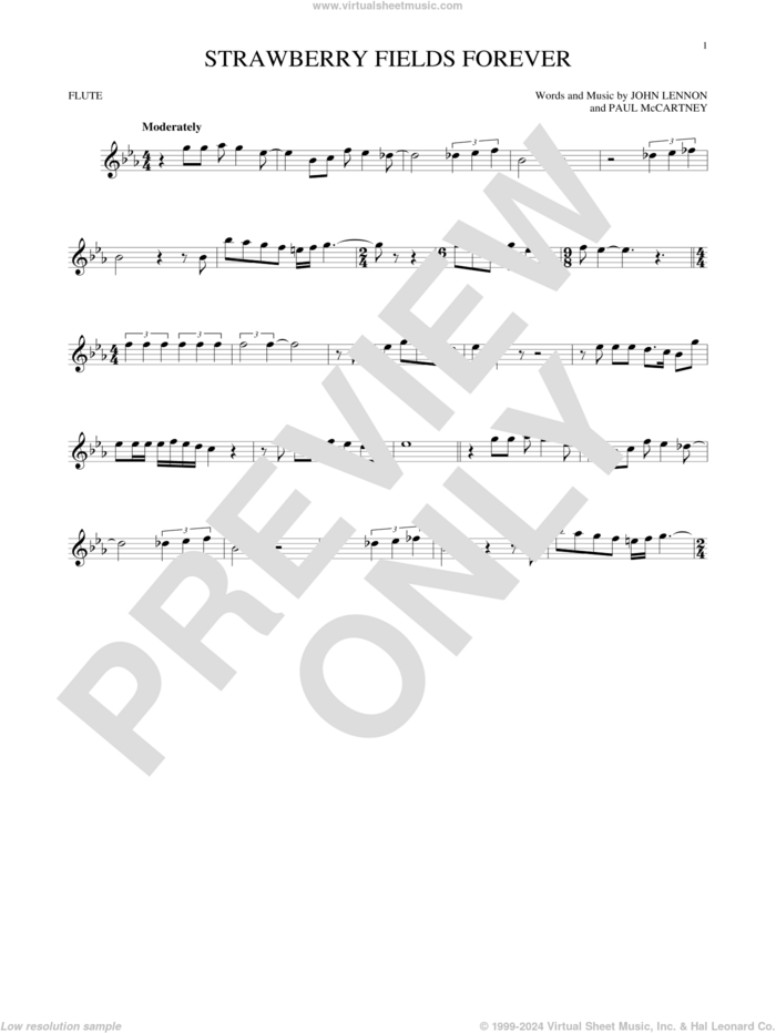 Strawberry Fields Forever sheet music for flute solo by The Beatles, John Lennon and Paul McCartney, intermediate skill level