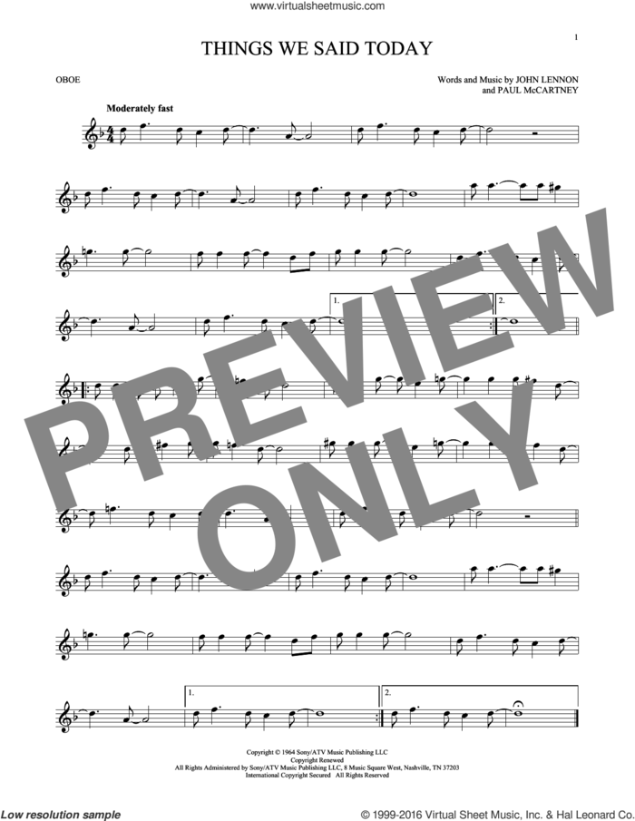 Things We Said Today sheet music for oboe solo by The Beatles, John Lennon and Paul McCartney, intermediate skill level