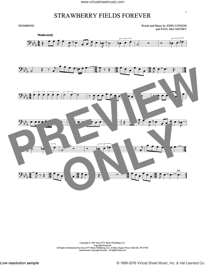Strawberry Fields Forever sheet music for trombone solo by The Beatles, John Lennon and Paul McCartney, intermediate skill level