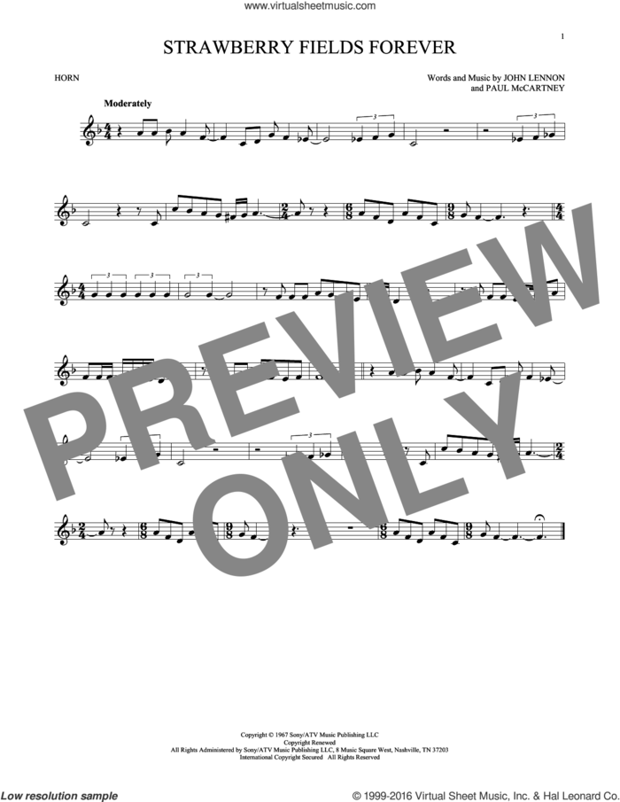 Strawberry Fields Forever sheet music for horn solo by The Beatles, John Lennon and Paul McCartney, intermediate skill level