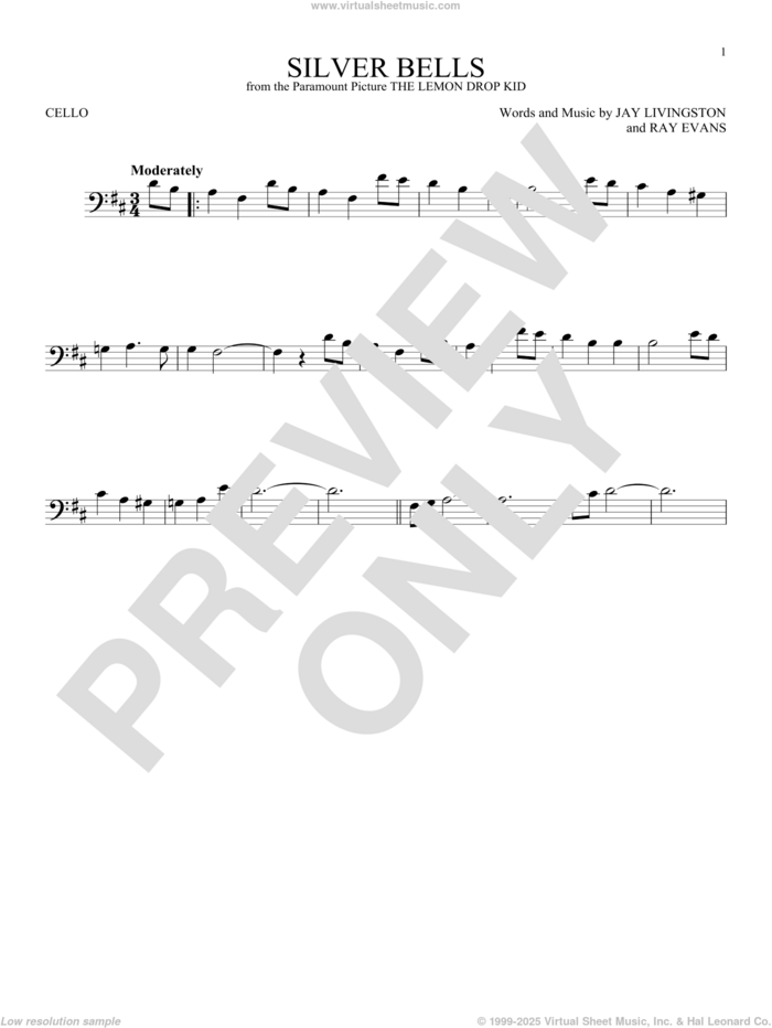 Silver Bells sheet music for cello solo by Jay Livingston, Jay Livingston & Ray Evans and Ray Evans, intermediate skill level