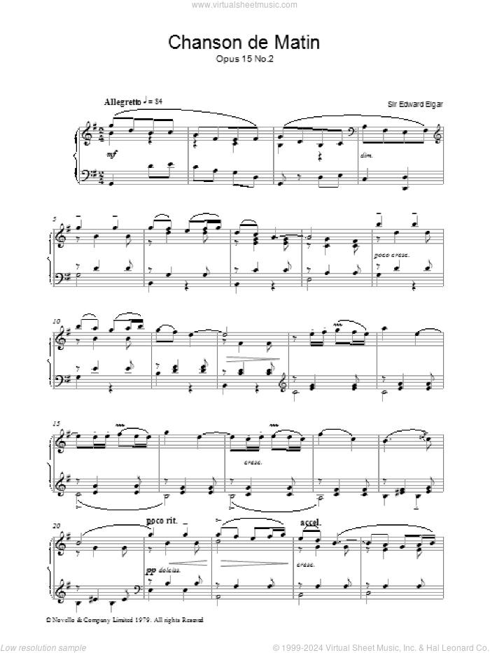 Chanson De Matin Opus 15, No. 2, (intermediate) sheet music for piano solo by Edward Elgar, classical score, intermediate skill level