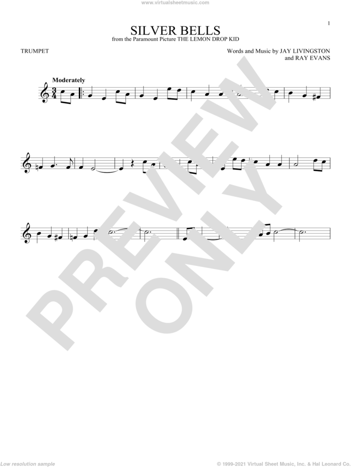 Silver Bells sheet music for trumpet solo by Jay Livingston, Jay Livingston & Ray Evans and Ray Evans, intermediate skill level