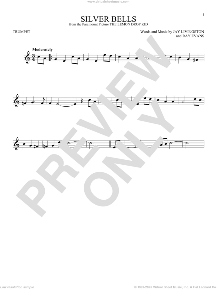 Silver Bells sheet music for trumpet solo by Jay Livingston, Jay Livingston & Ray Evans and Ray Evans, intermediate skill level