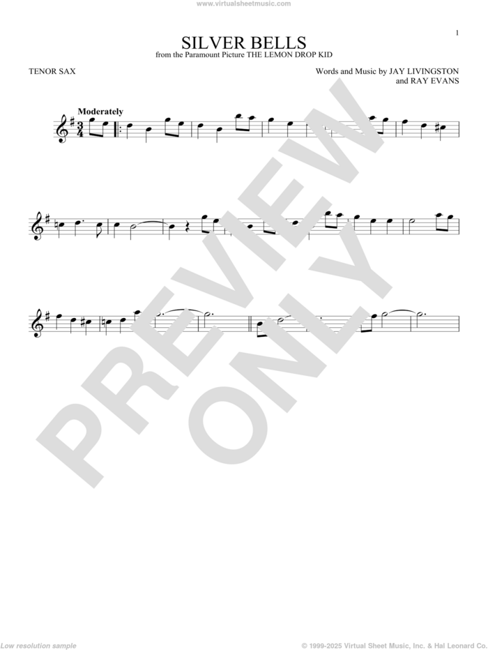 Silver Bells sheet music for tenor saxophone solo by Jay Livingston, Jay Livingston & Ray Evans and Ray Evans, intermediate skill level